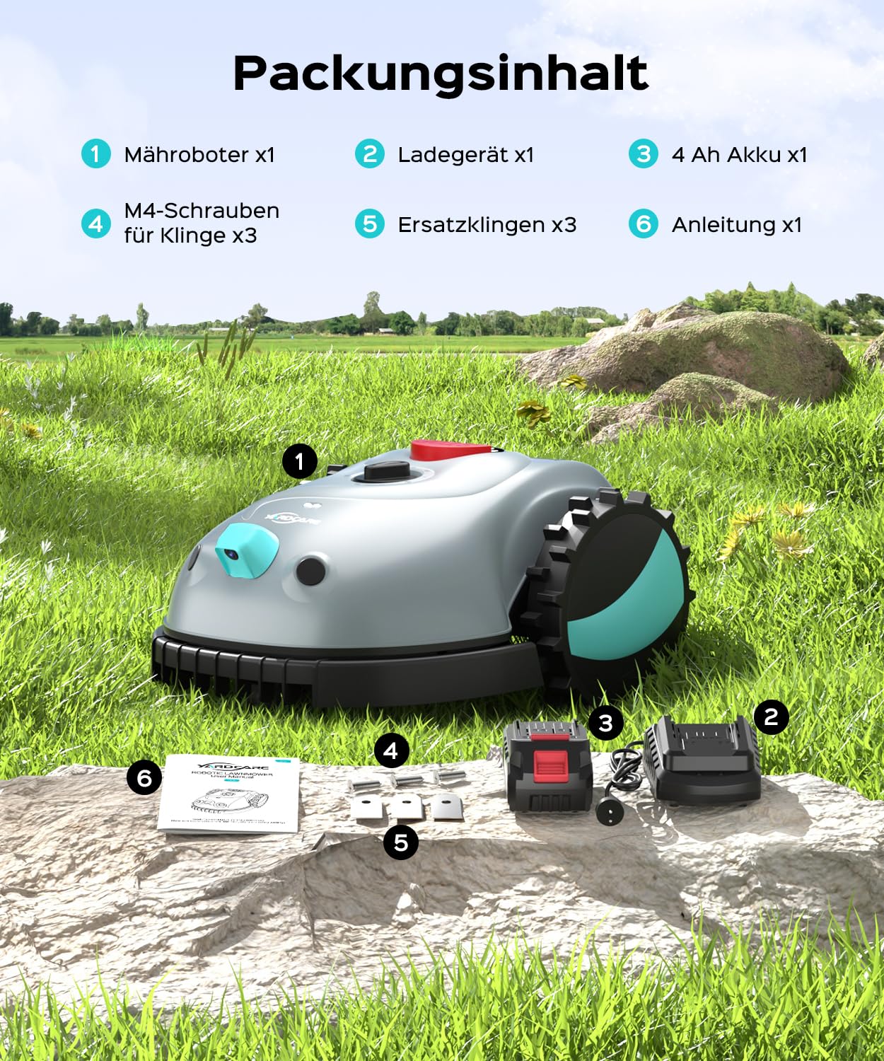 YARDCARE V100 Mähroboter - Vision Navigation, 150m², Hinderniserkennung, inkl. Graskamm & Ersatzklingen