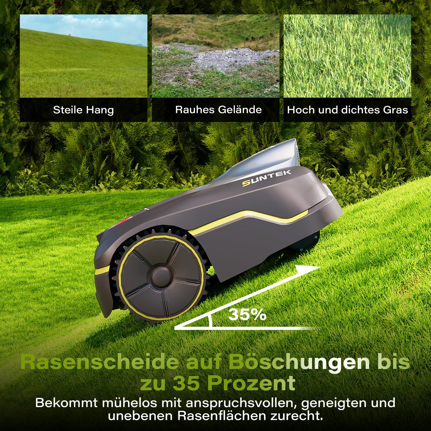 SUNTEK Mähroboter AI Vision - Ohne Kabel, 600m², Hindernisvermeidung, IPX5, App-Bedienung